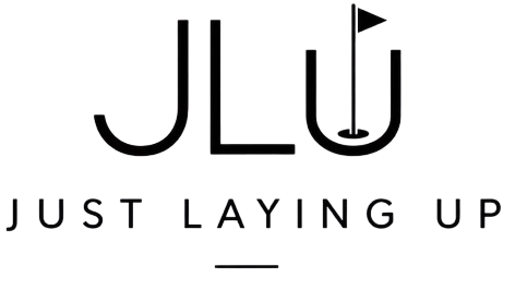 Black logo text reading 'JLU' with a golf flag graphic inside the upper right letter, and the words 'JUST LAYING UP' below on a white background.